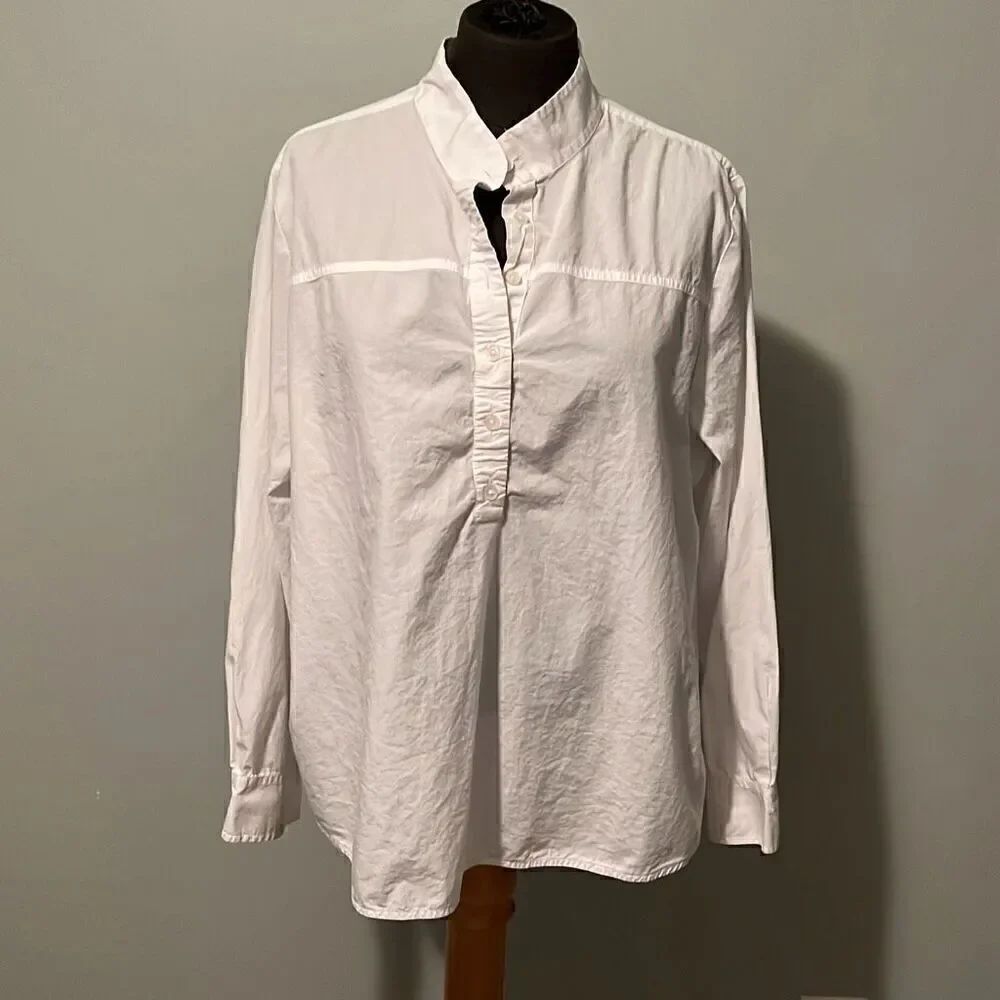 J. Crew Women's White Band Collar Long Sleeve Half Button Front Top Size 14